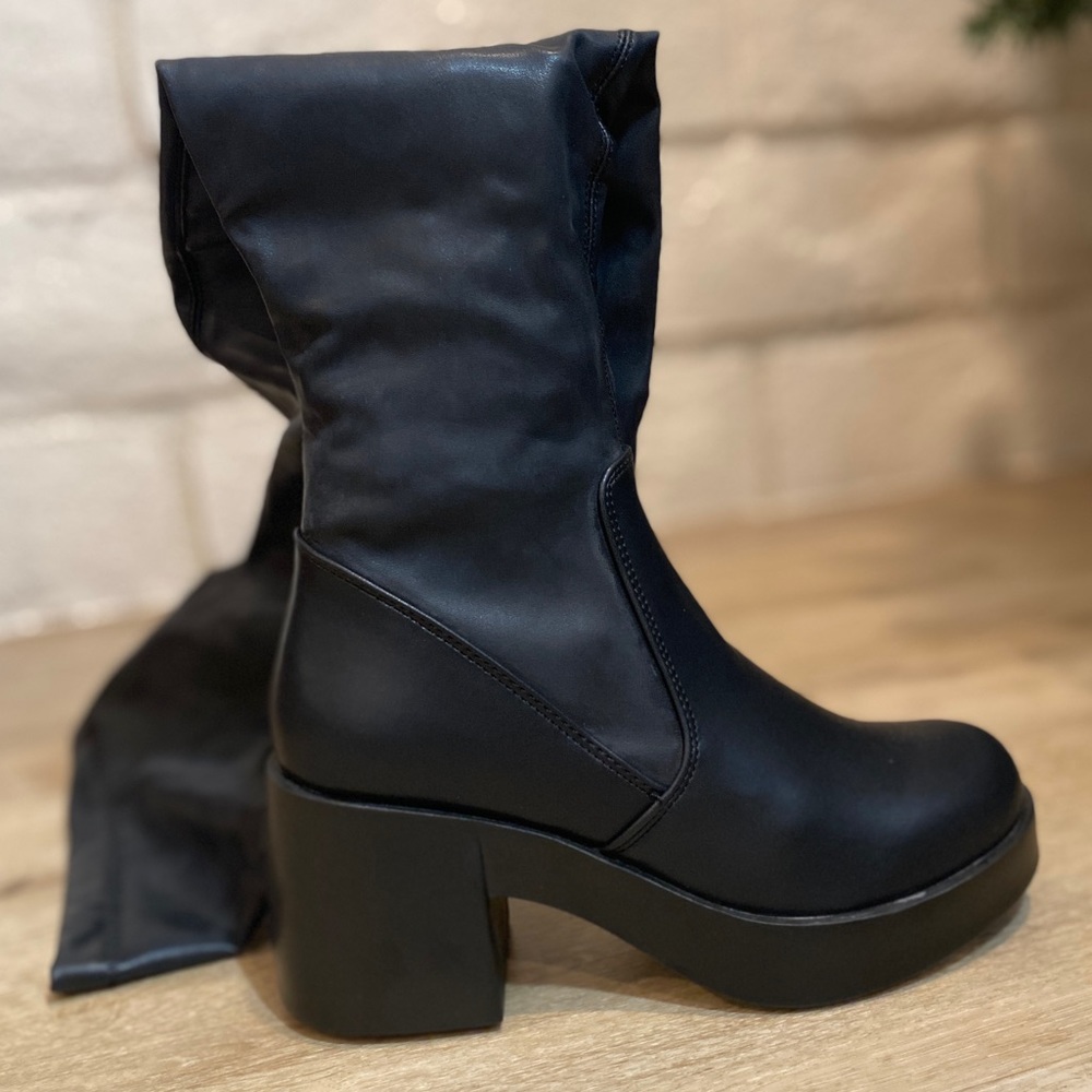 Thigh High Vegan Leather Chunky High Heel Boots OTK - Picture 3 of 13